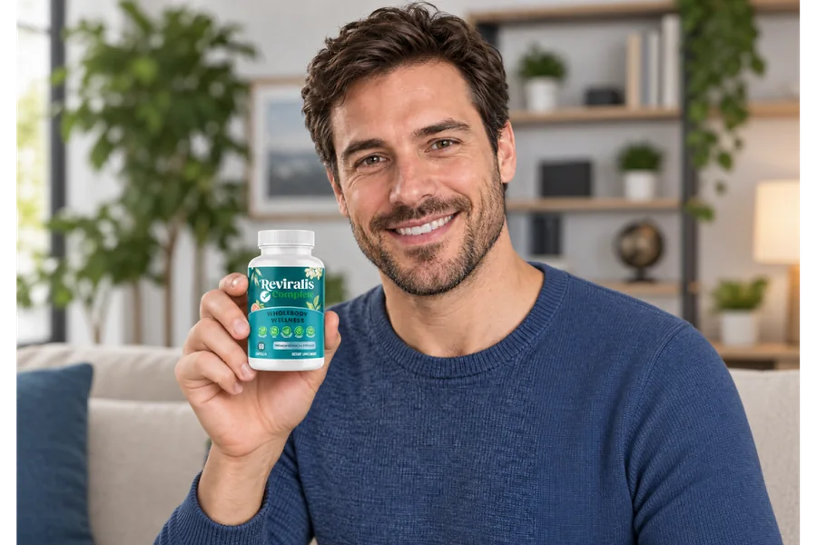 Smiling man holding a bottle of Reviralis Complete Wholebody Wellness capsules at home